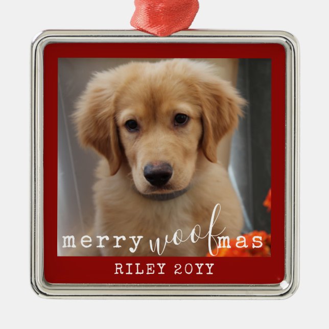 Personalisierter Hund Foto Merry WoofMas Rustikal  Ornament Aus Metall (Vorne)