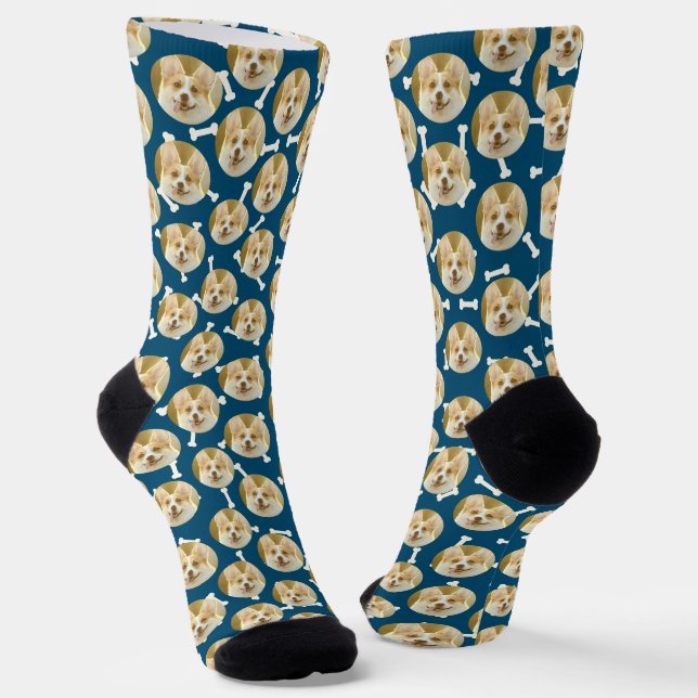 Personalisierter Hund Foto Muster Hund Vater Navy  Socken (Gewinkelt)