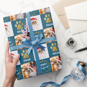 Personalisierter Hund mit 2 Fotos Hund Welpe Blue Geschenkpapier