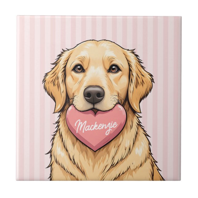 Personalisierter Hund mit rosa Herz Fliese (Vorderseite)