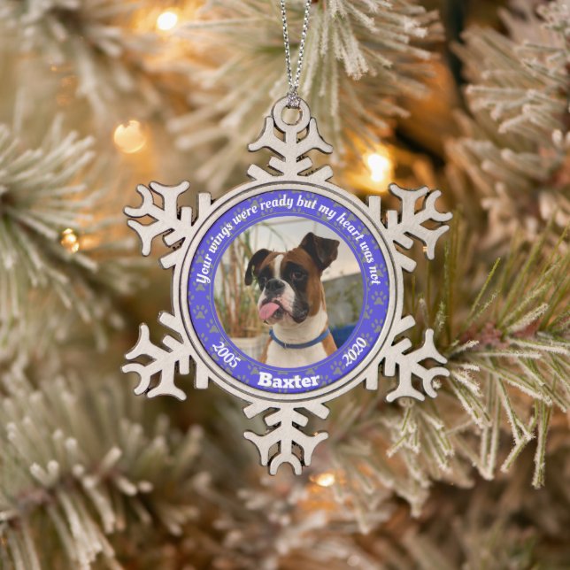 Personalisierter Hunde-Memorial Blue Paw-Ausdruck Schneeflocken Zinn-Ornament (Baum)