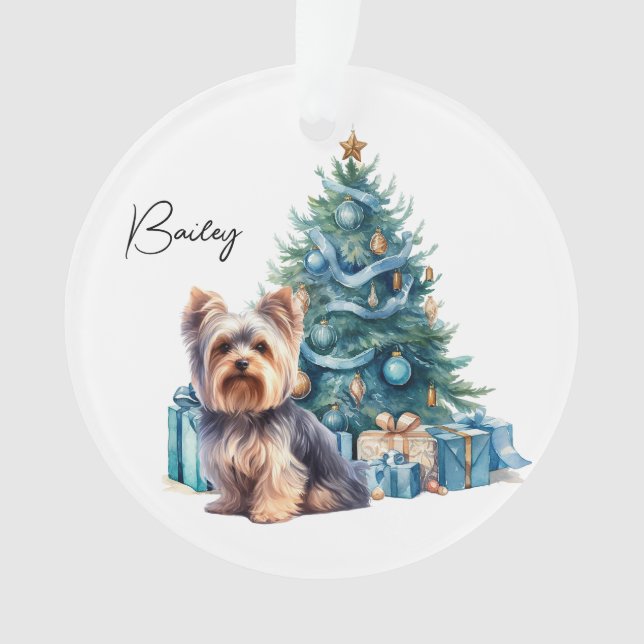 Personalisierter Hundename Yorkie mit Weihnachtsba Ornament (Vorderseite)