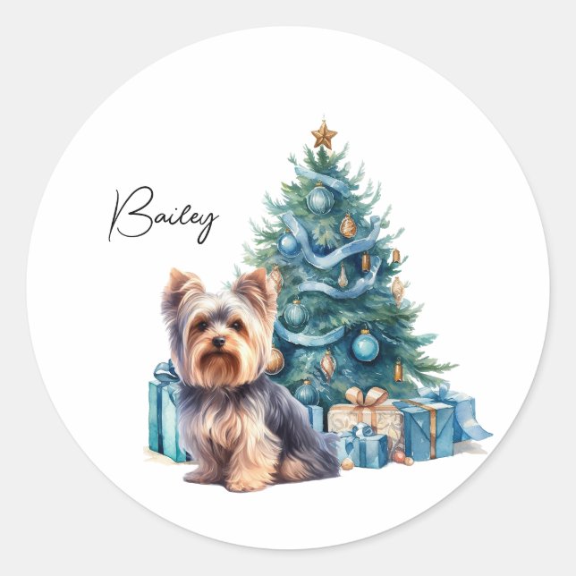 Personalisierter Hundename Yorkie mit Weihnachtsba Runder Aufkleber (Vorderseite)