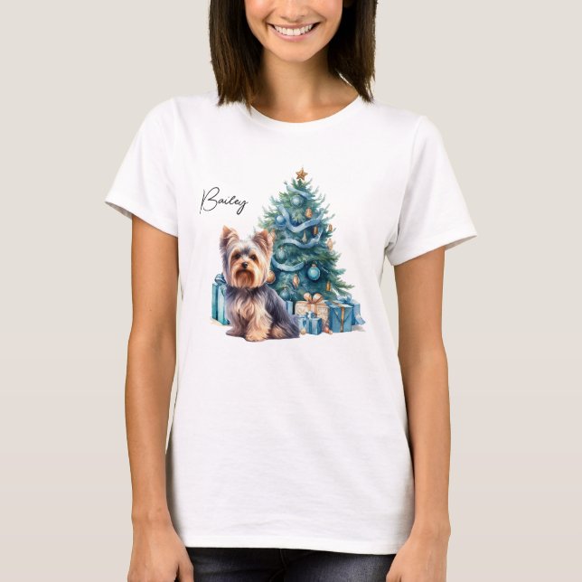 Personalisierter Hundename Yorkie mit Weihnachtsba T-Shirt (Vorderseite)