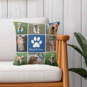 Personalisierter Hundfoto Collage Paw Print Blue Kissen