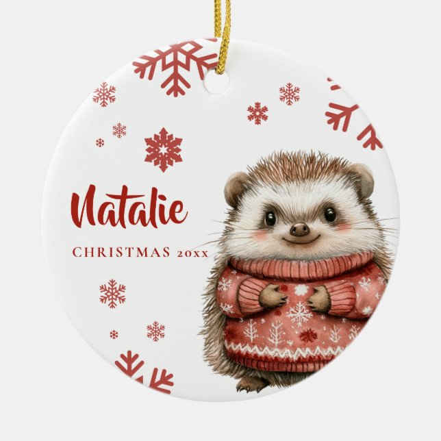 Personalisierter Igel Weihnachten Schneeflocke Keramik Ornament (Vorne)