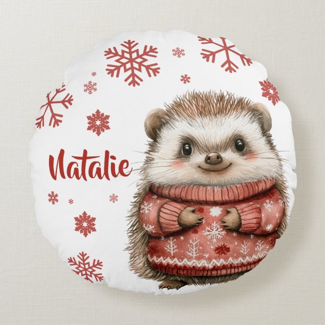 Personalisierter Igel Weihnachten Schneeflocke Rundes Kissen (Vorderseite)