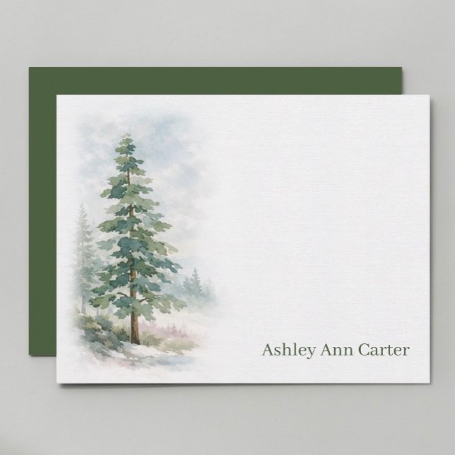 Personalisierter Immergrüner Tannenbaum Mitteilungskarte (Watercolor pine tree artwork detail on personalized flat note card—rustic woodland stationery)