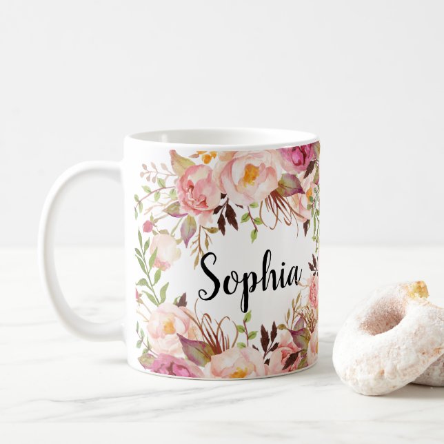 Personalisierter Individuelle Name Floral Boho Kaffeetasse (Mit Donut)
