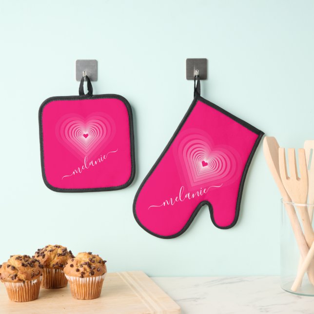 Personalisierter Individuelle Name Herz rosa Ofenhandschuh & Topflappen-Set (Insitu (Hängend))