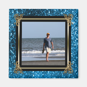 Personalisierter Instagram Foto-Goldblau-Glitzer Magnet