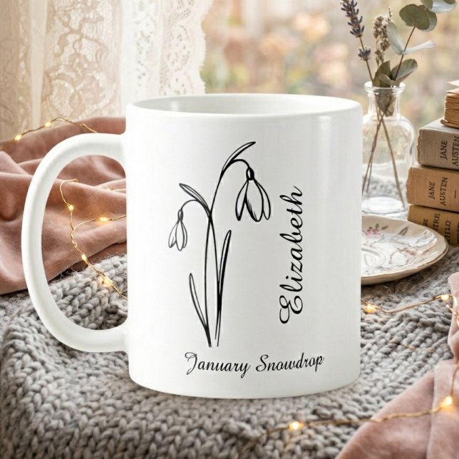 Personalisierter Januar-Geburtstag Schneeglöckchen Kaffeetasse (January birthday snowdrop mug)