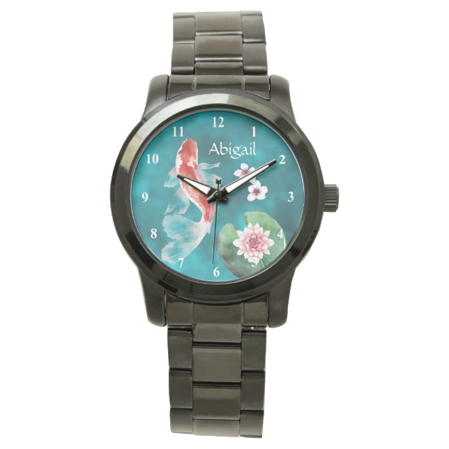 Personalisierter japanischer Koi-Fisch, Kirschblüt Armbanduhr (Vorderseite)