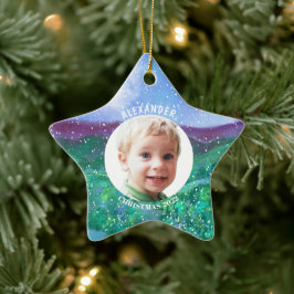 Personalisierter Junge Weihnachten Dinosaur Foto K Keramik Ornament