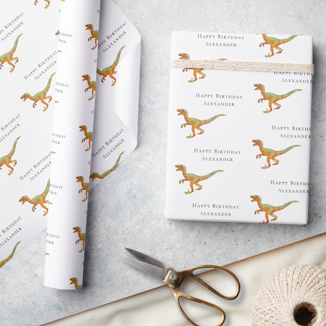 Personalisierter Jungenname Alles Gute zum Geburts Geschenkpapier (Personalized boy name Dinosaur velociraptor happy birthday gift wrapping paper Jurassic dino raptor)