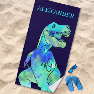 Personalisierter Jungenname Dinosaurier Blau Strandtuch