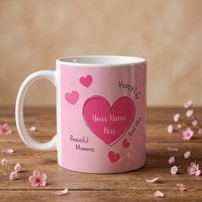 Personalisierter Kaffee-Mug mit rosa Herzen Kaffeetasse (Fully customizable pink hearts coffee mug with editable text)