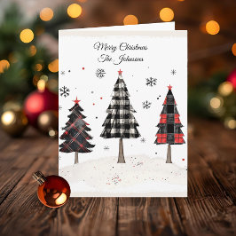 Personalisierter Karierter Weihnachtsbaum Familien Karte