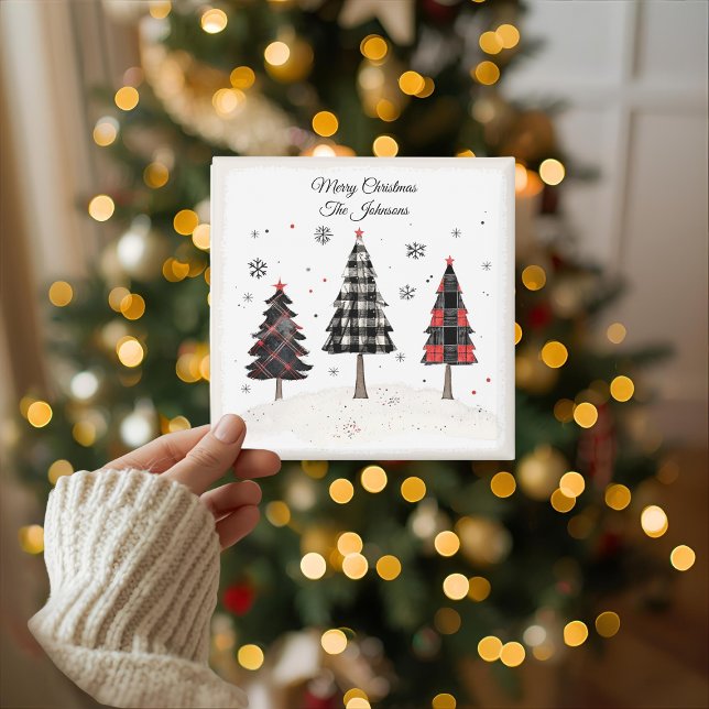 Personalisierter Karierter Weihnachtsbaum Familien Karte (Von Creator hochgeladen)