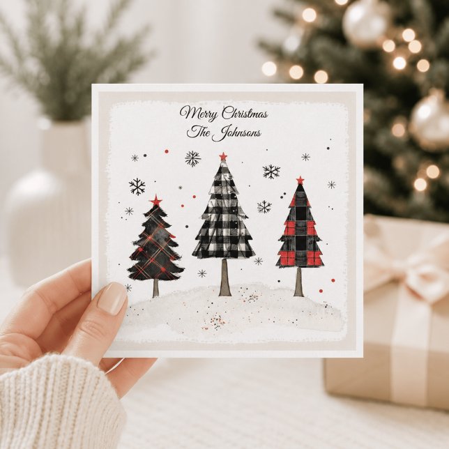 Personalisierter Karierter Weihnachtsbaum Familien Karte (Von Creator hochgeladen)