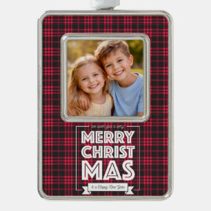Personalisierter Karo-Weihnachts-Foto-Schmuck   Be Rahmen-Ornament Silber
