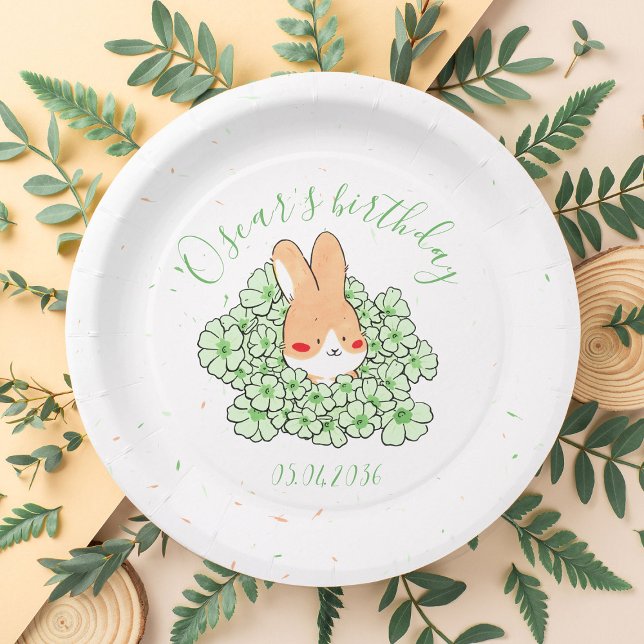 Personalisierter Karton‑Geburtstagsteller Hase Pappteller (Assiette carton personnalisé anniversaire Lapin fleurs vertes)