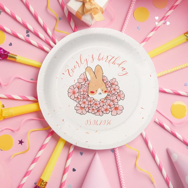 Personalisierter Karton‑Teller zum Geburtstag Hase Pappteller (Assiette carton personnalisé anniversaire Lapin fleurs roses)