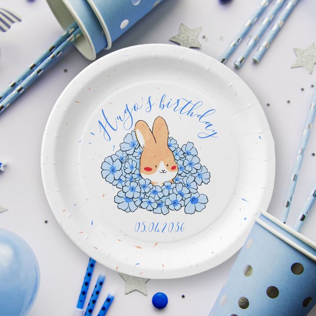 Personalisierter Karton-Teller zum Geburtstag Hase Pappteller (Assiette carton personnalisé anniversaire Lapin fleurs bleues)