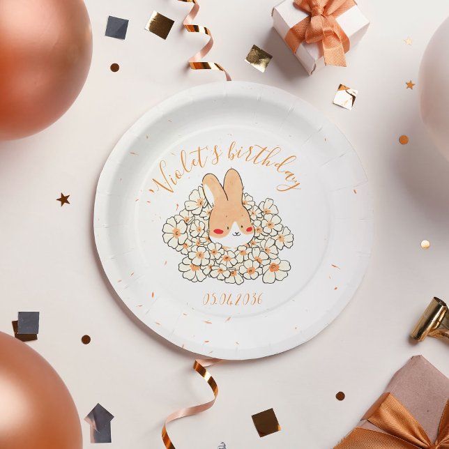 Personalisierter Kartonteller Geburtstag Hase Pappteller (Assiette carton personnalisé anniversaire Lapin fleurs blanches)