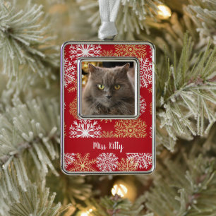 Personalisierter Katze Hund Roter Weihnachtsschnee Rahmen-Ornament Silber