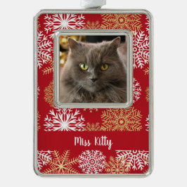 Personalisierter Katze Hund Roter Weihnachtsschnee Rahmen-Ornament Silber