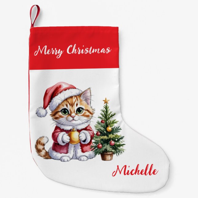 Personalisierter Katze mit Weihnachtsmannhut Weihn Kleiner Weihnachtsstrumpf (Vorderseite)