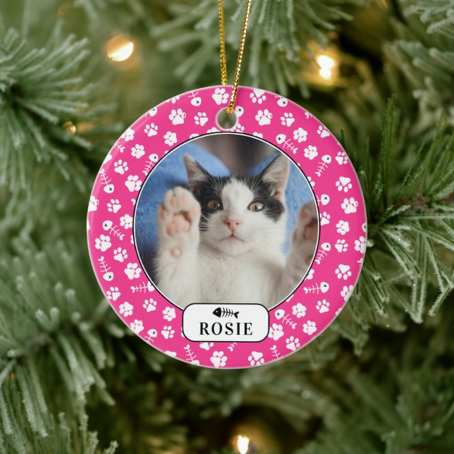 Personalisierter Katzenfisch Knochen und Pawprint  Keramik Ornament (Baum)