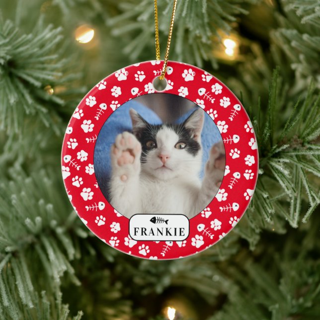 Personalisierter Katzenfisch Knochen und Pawprint  Keramik Ornament (Baum)
