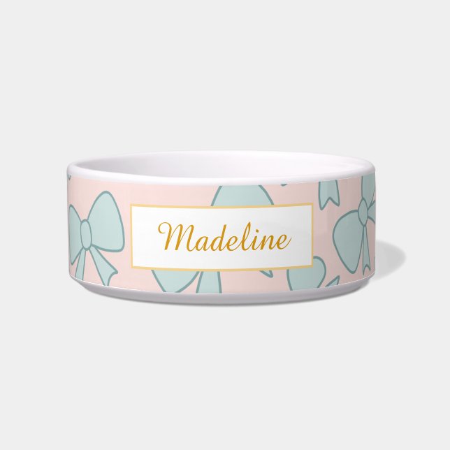 Personalisierter Katzenname Pastellblauer Bogen Sc Napf (Vorderseite)