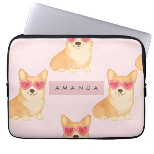 Personalisierter Kawaii Corgi mit Herz-Sonnenbrill Laptopschutzhülle