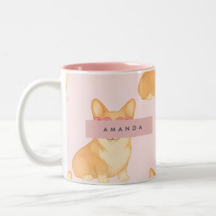 Personalisierter Kawaii Corgi mit Herz-Sonnenbrill Zweifarbige Tasse