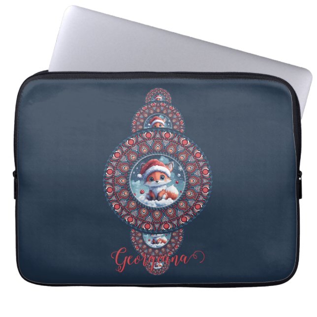 Personalisierter Kawaii Fox Ornamental Mandala Laptopschutzhülle (Vorderseite)