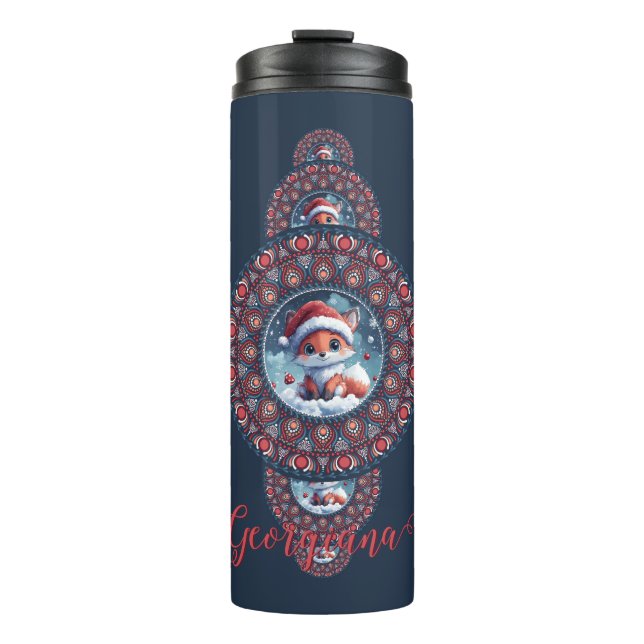 Personalisierter Kawaii Fox Ornamental Mandala Thermosbecher (Vorderseite)