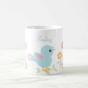 Personalisierter Kawaii Vogel und Blumen Kaffeetasse