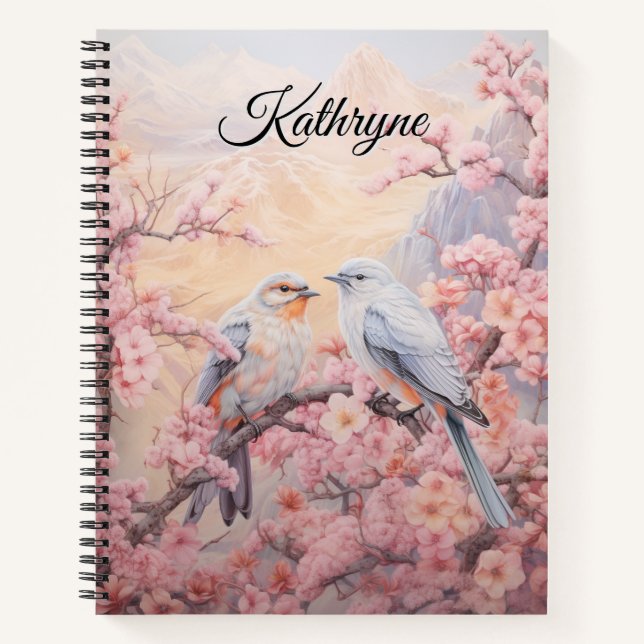 Personalisierter Kirschblütenvogel  Notizbuch (Vorderseite)