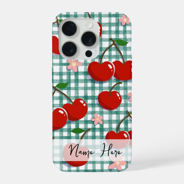 Personalisierter Kirsche auf grünem Gingham Handyh iPhone Hülle (Rückseite)
