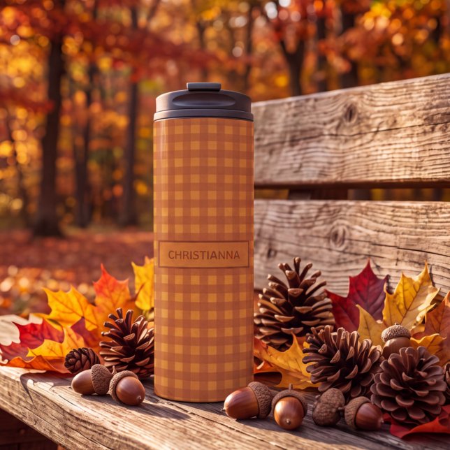 Personalisierter Klassischer Kürbis Herbst Gingham Thermosbecher (Von Creator hochgeladen)