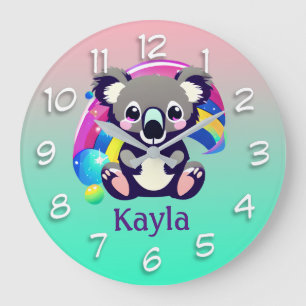 Personalisierter Koala-Bär und Regenbogen Große Wanduhr