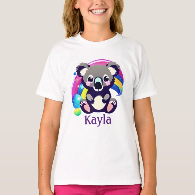 Personalisierter Koala-Bär und Regenbogen T-Shirt (Vorderseite)