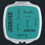 Personalisierter kompakter Spiegel-Name wiederholt Taschenspiegel<br><div class="desc">Dieser personalisierte kompakte Spiegel wird mit Ihrem Namen verziert, der in den schwarzen Buchstaben, im unterschiedlichen Schriftart, verschiedene Größen, alle auf einem Türkishintergrund wiederholt. Einfach zu personifizieren - ÄNDERN Sie einfach NAMEN in EINEM PLATZ. Ein was für wunderbares Geschenk für Brautjungfern, Lehreranerkennung oder irgendeinen besonderen Anlass. Stützt Text bis zu...</div>