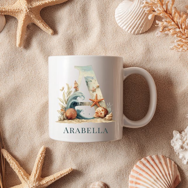 Personalisierter Küstenmonogramm-A-Initial-Strand Kaffeetasse (Personalized Coastal Monogram A Initial Beach Coffee Mug)