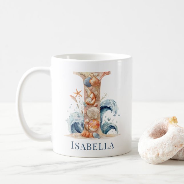 Personalisierter Küstenmonogramm Anfangsbuchstabe  Kaffeetasse (Mit Donut)