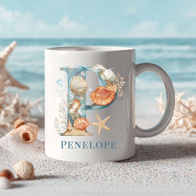 Personalisierter Küstenmonogramm Anfangsbuchstabe  Kaffeetasse (Personalized Coastal Monogram P Initial Beach Coffee Mug)