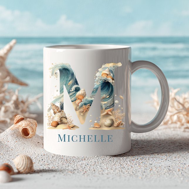 Personalisierter Küstenmonogramm Anfangsbuchstabe  Kaffeetasse (Personalized Coastal Monogram M Initial Beach Coffee Mug)